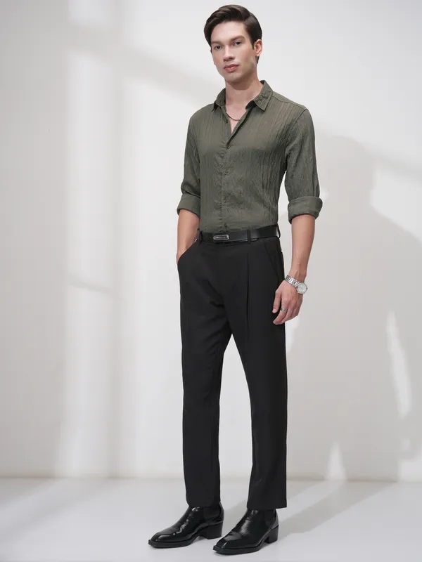 Highlander Men Olive Striped Slim Fit Casual Shirt