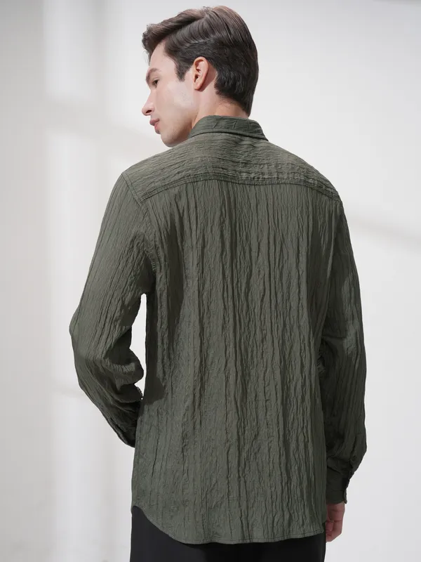 Highlander Men Olive Striped Slim Fit Casual Shirt