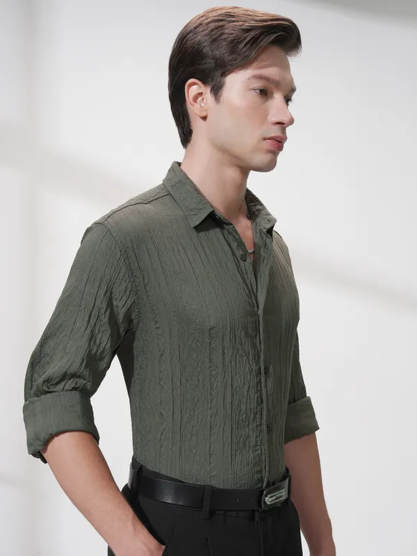 Highlander Men Olive Striped Slim Fit Casual Shirt