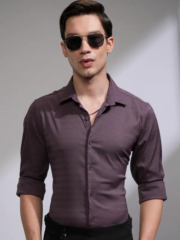 Highlander Men Purple Self Design Slim Fit Casual Shirt