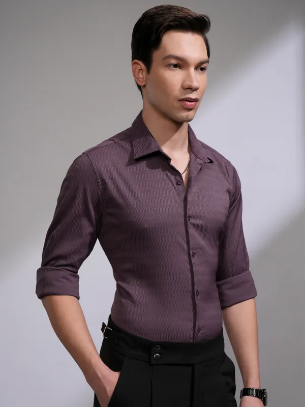 Highlander Men Purple Self Design Slim Fit Casual Shirt