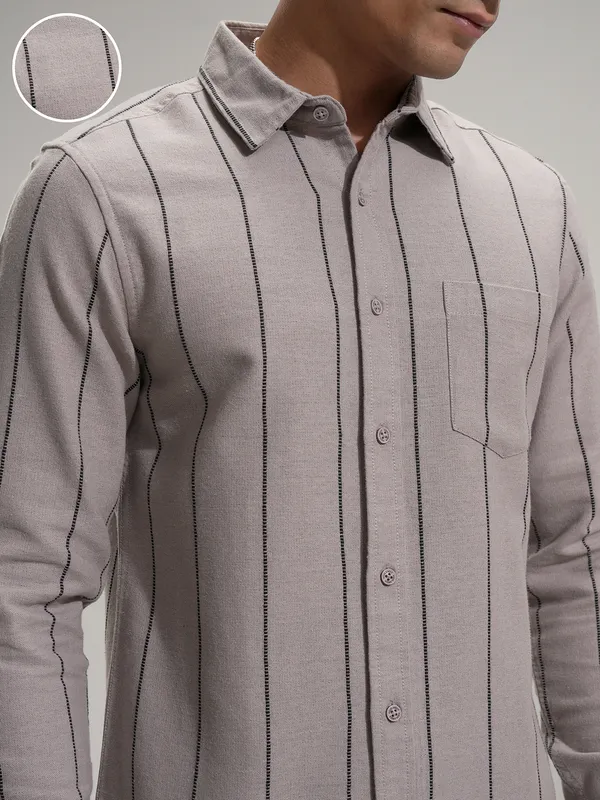 Highlander Men Tan Striped Slim Fit Casual Shirt