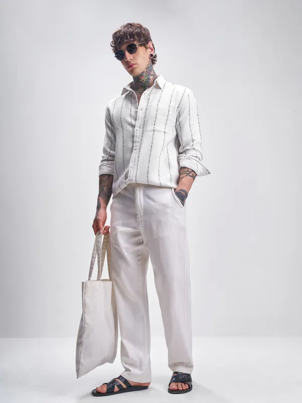 Highlander Men White Striped Relaxed Fit Casual Shirt