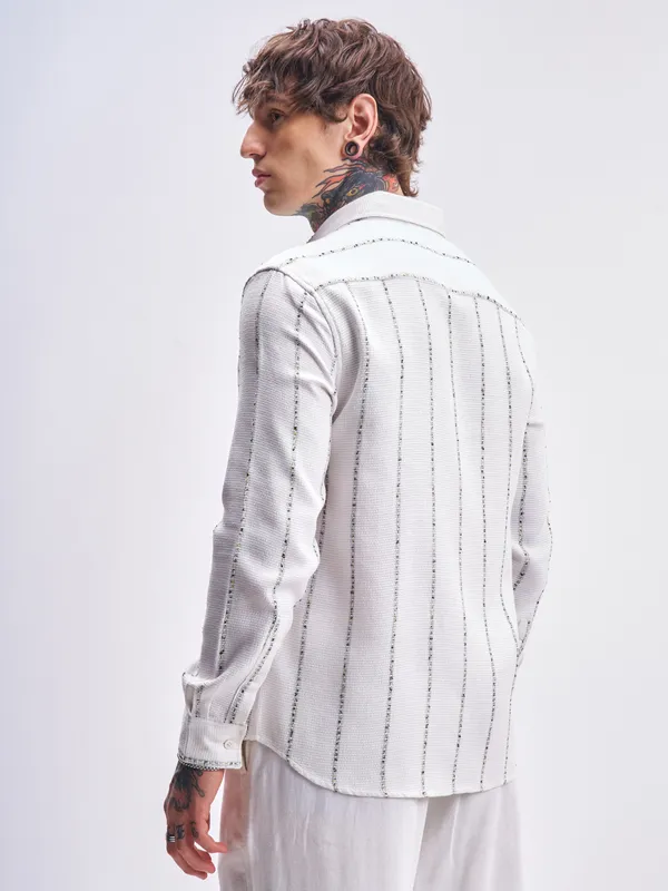 Highlander Men White Striped Relaxed Fit Casual Shirt