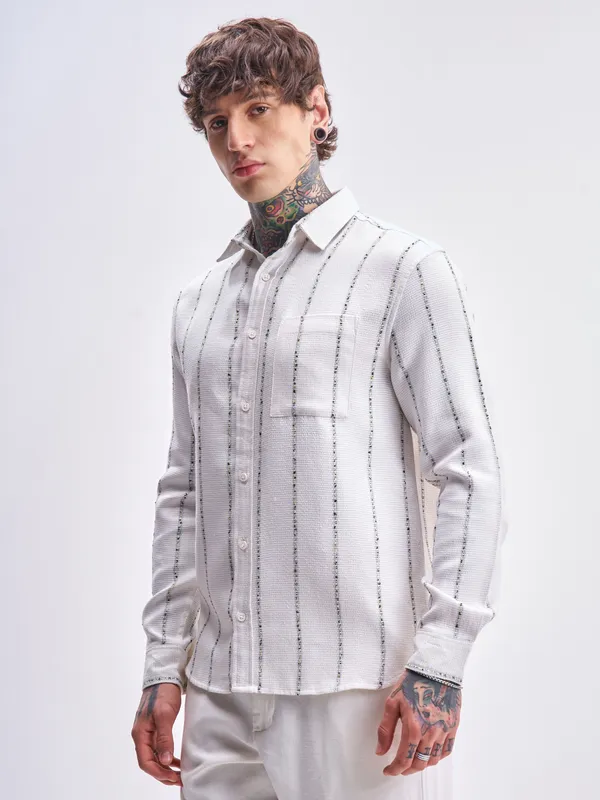 Highlander Men White Striped Relaxed Fit Casual Shirt