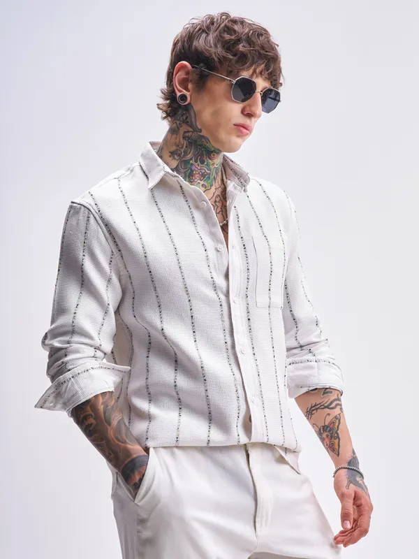 Highlander Men White Striped Relaxed Fit Casual Shirt