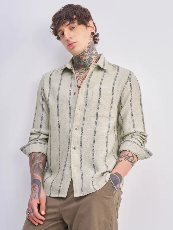 Highlander Men Olive Striped Relaxed Fit Casual Shirt