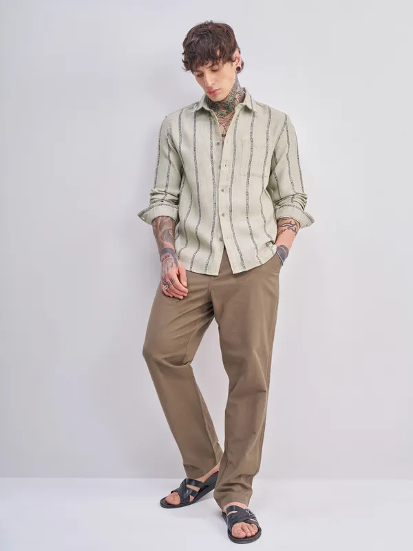 Highlander Men Olive Striped Relaxed Fit Casual Shirt