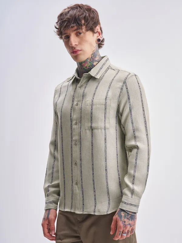 Highlander Men Olive Striped Relaxed Fit Casual Shirt