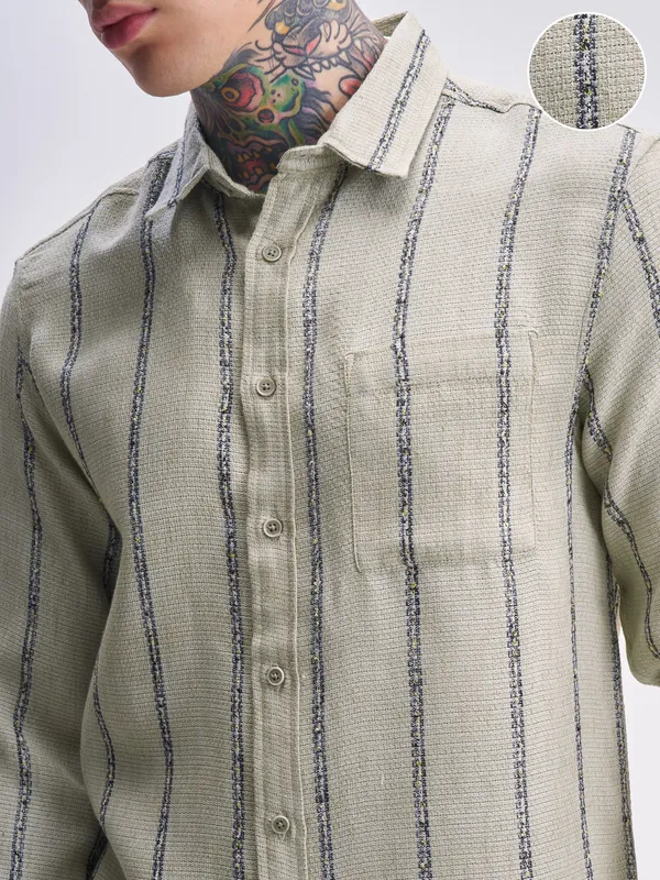 Highlander Men Olive Striped Relaxed Fit Casual Shirt