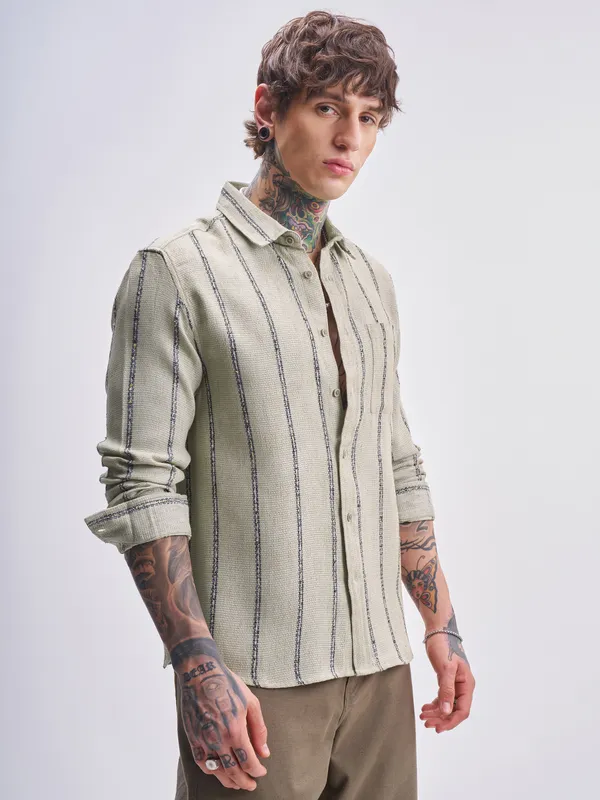 Highlander Men Olive Striped Relaxed Fit Casual Shirt