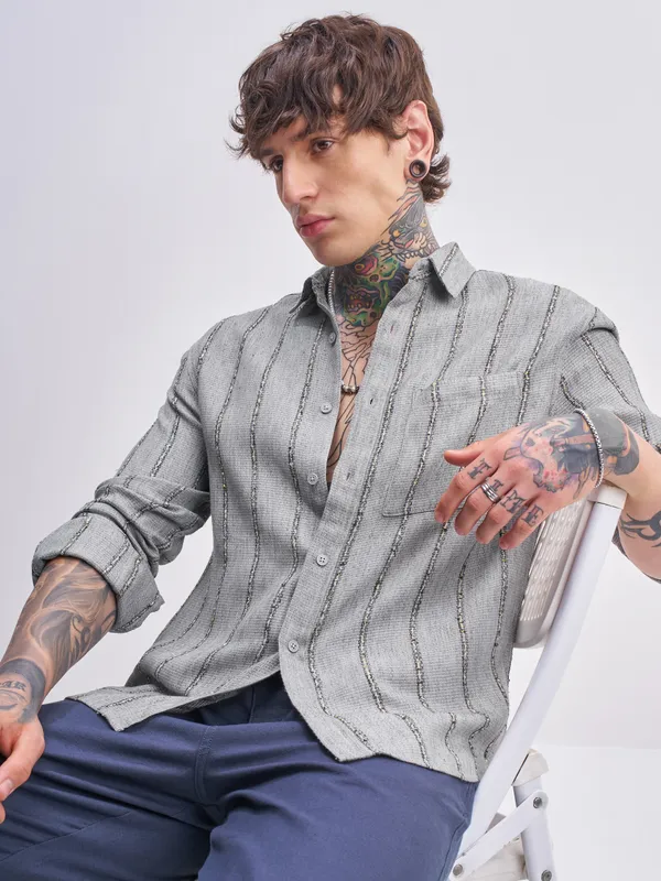 Highlander Men Grey Striped Relaxed Fit Casual Shirt