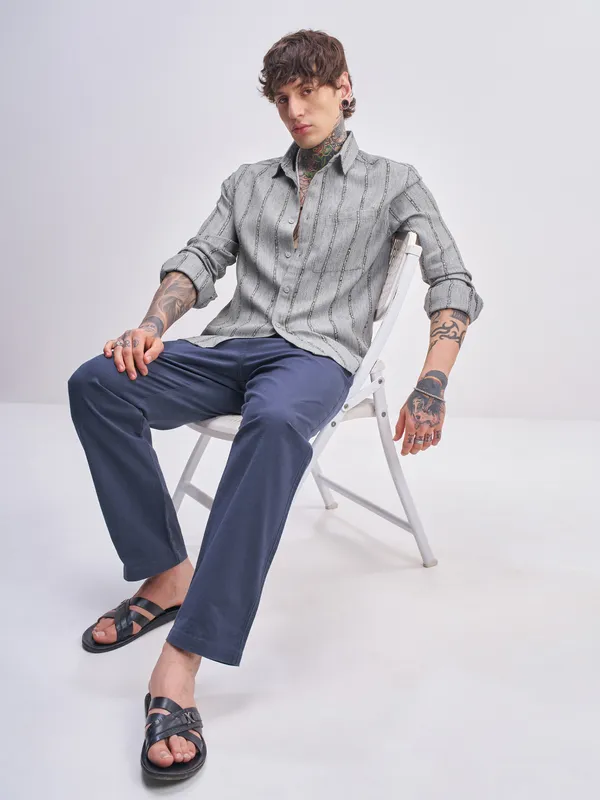 Highlander Men Grey Striped Relaxed Fit Casual Shirt