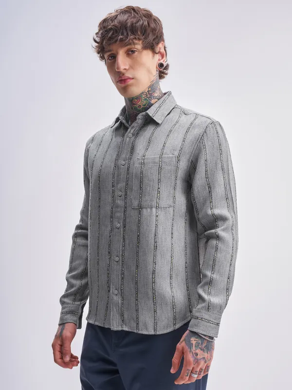 Highlander Men Grey Striped Relaxed Fit Casual Shirt