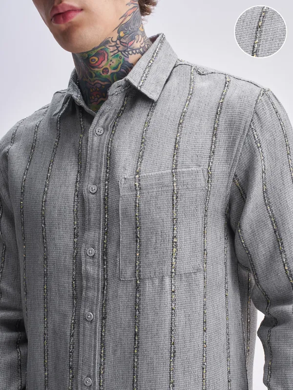Highlander Men Grey Striped Relaxed Fit Casual Shirt