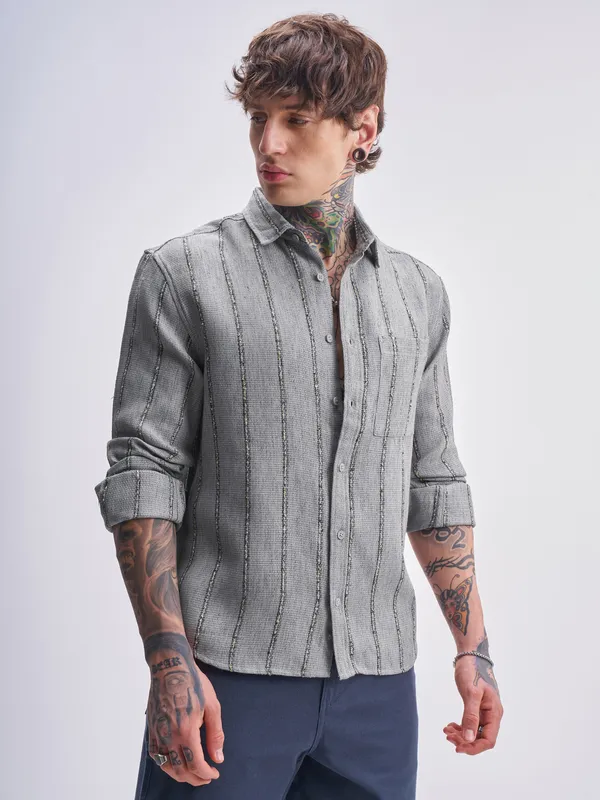Highlander Men Grey Striped Relaxed Fit Casual Shirt
