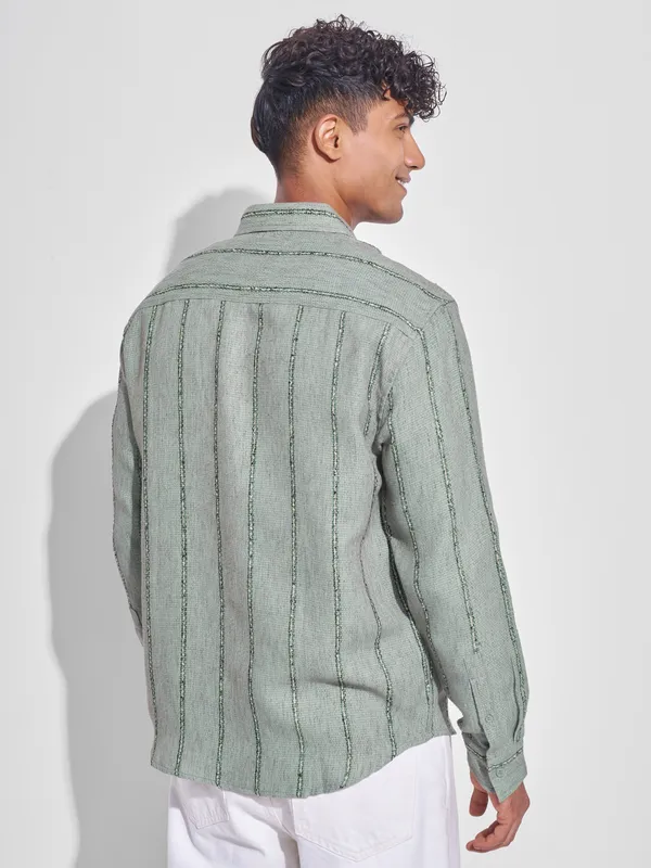 Highlander Men Green Striped Relaxed Fit Casual Shirt