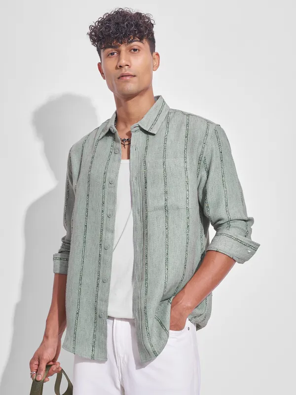 Highlander Men Green Striped Relaxed Fit Casual Shirt