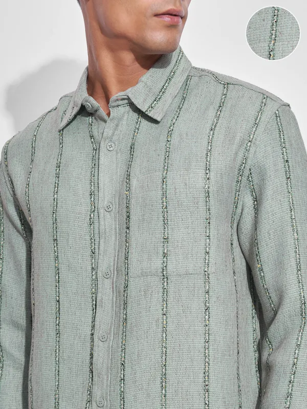 Highlander Men Green Striped Relaxed Fit Casual Shirt