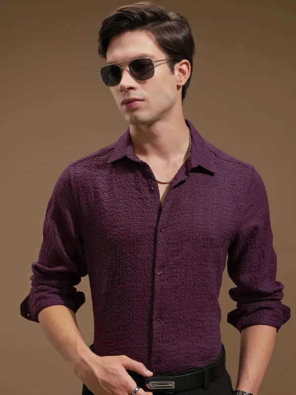 Highlander Men Purple Self Design Slim Fit Casual Shirt