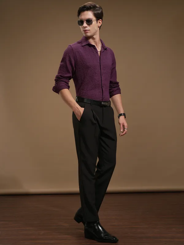Highlander Men Purple Self Design Slim Fit Casual Shirt