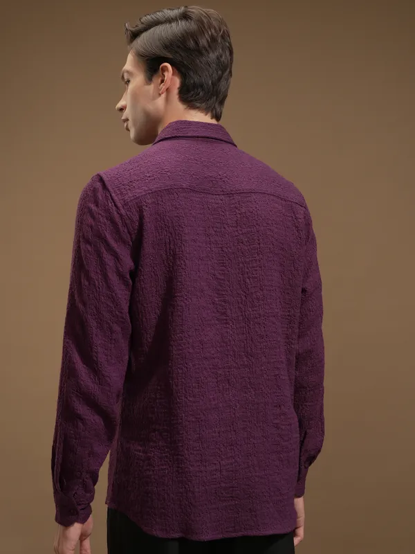 Highlander Men Purple Self Design Slim Fit Casual Shirt