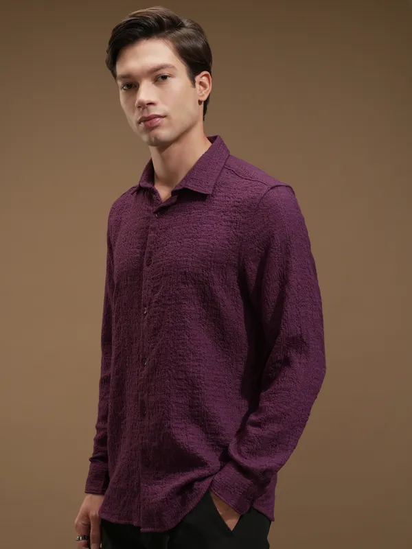 Highlander Men Purple Self Design Slim Fit Casual Shirt