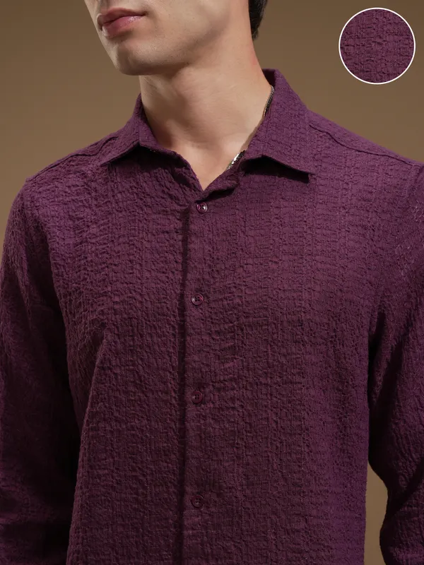 Highlander Men Purple Self Design Slim Fit Casual Shirt