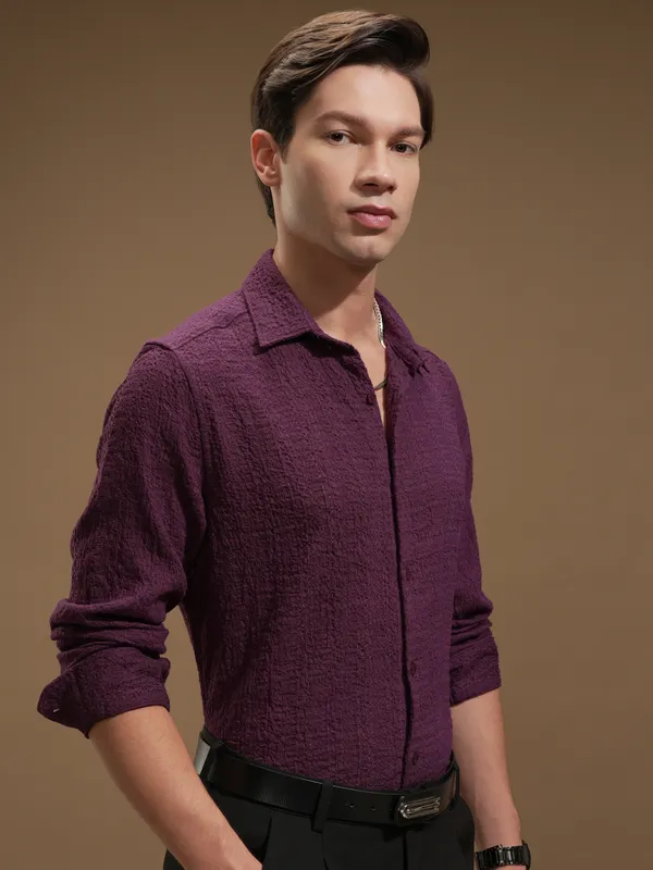 Highlander Men Purple Self Design Slim Fit Casual Shirt