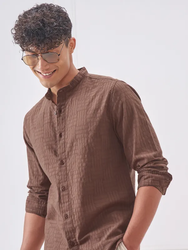 Highlander Men Brown Self Design Slim Fit Casual Shirt