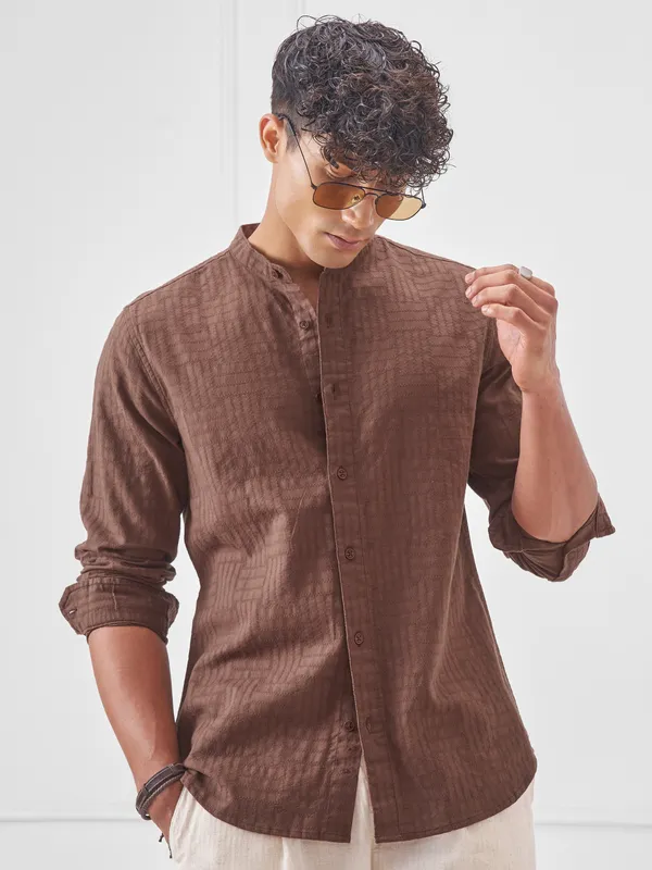 Highlander Men Brown Self Design Slim Fit Casual Shirt