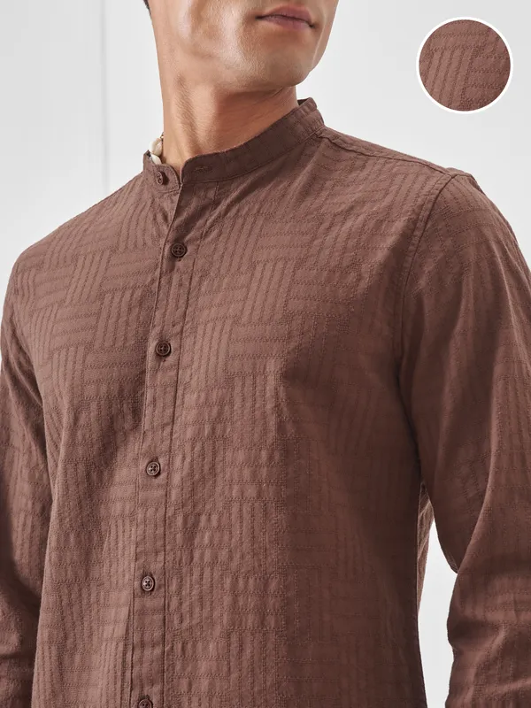 Highlander Men Brown Self Design Slim Fit Casual Shirt