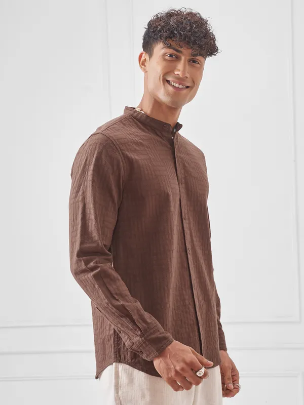 Highlander Men Brown Self Design Slim Fit Casual Shirt