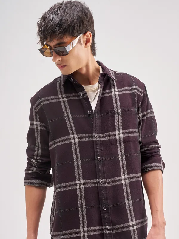 Highlander Men Maroon Checked Relaxed Fit Casual Shirt