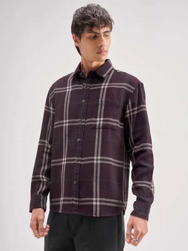 Highlander Men Maroon Checked Relaxed Fit Casual Shirt