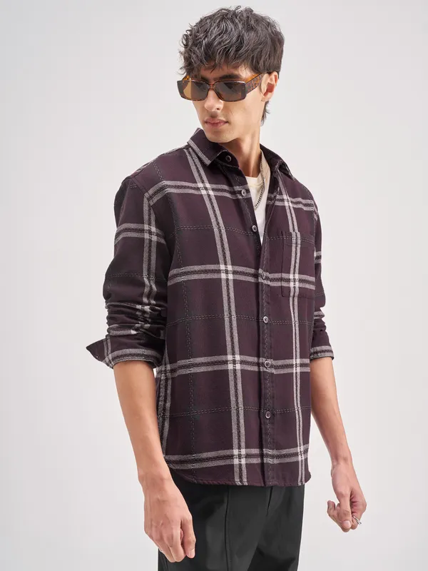Highlander Men Maroon Checked Relaxed Fit Casual Shirt