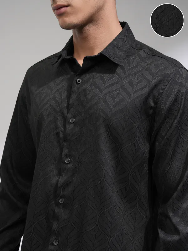 Highlander Men Black Self Design Slim Fit Casual Shirt