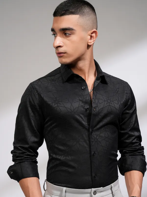 Highlander Men Black Self Design Slim Fit Casual Shirt