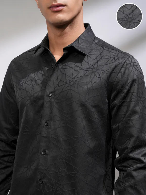 Highlander Men Black Self Design Slim Fit Casual Shirt