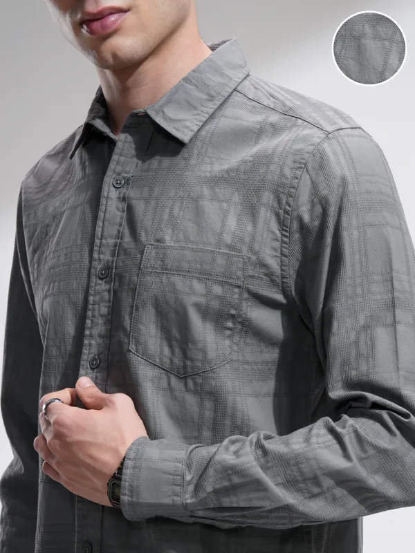 Highlander Men Grey Checked Slim Fit Casual Shirt