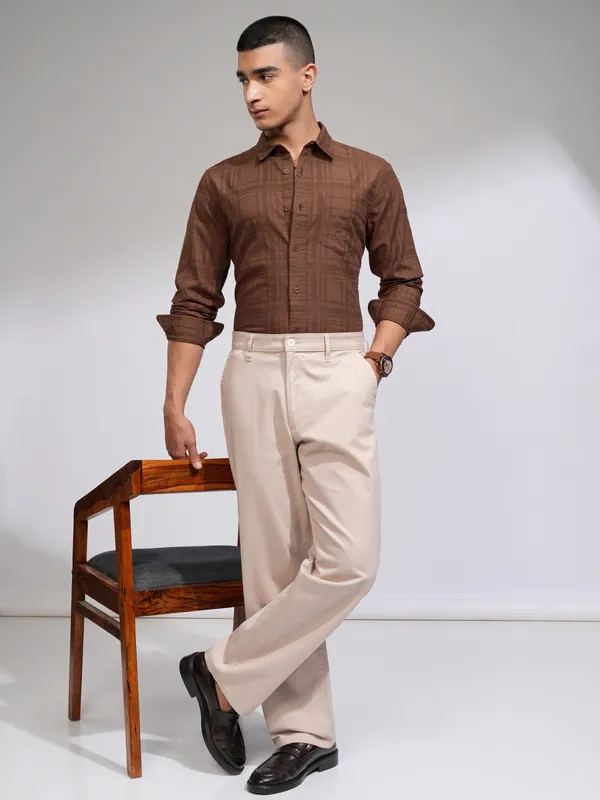 Highlander Men Rust Checked Slim Fit Casual Shirt