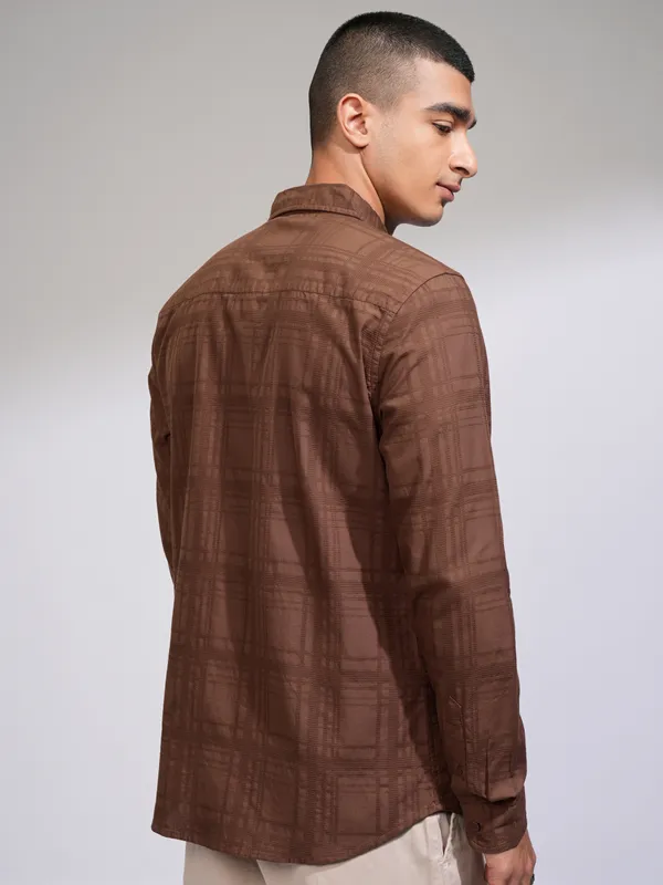 Highlander Men Rust Checked Slim Fit Casual Shirt