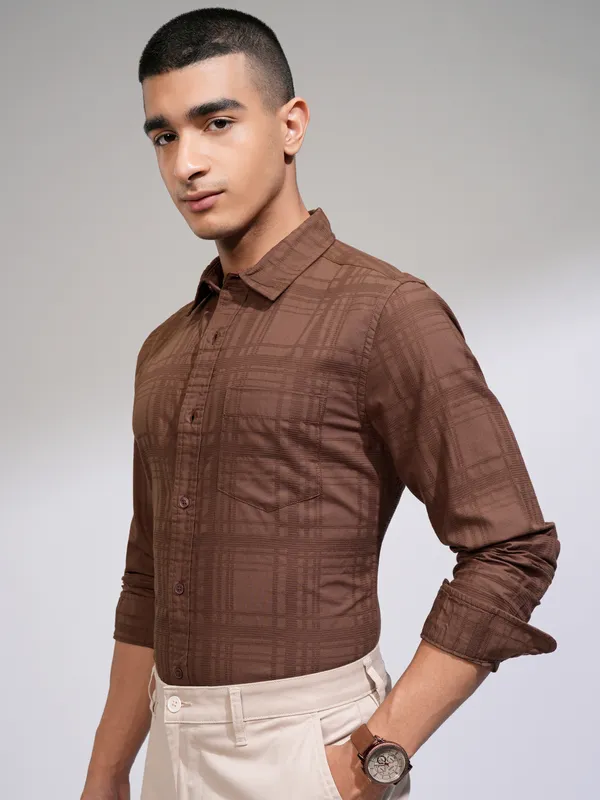 Highlander Men Rust Checked Slim Fit Casual Shirt