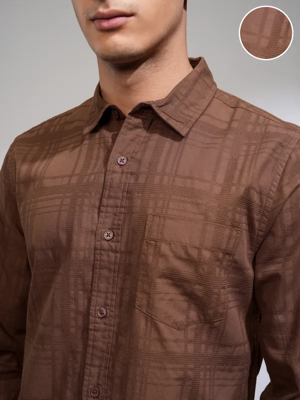 Highlander Men Rust Checked Slim Fit Casual Shirt