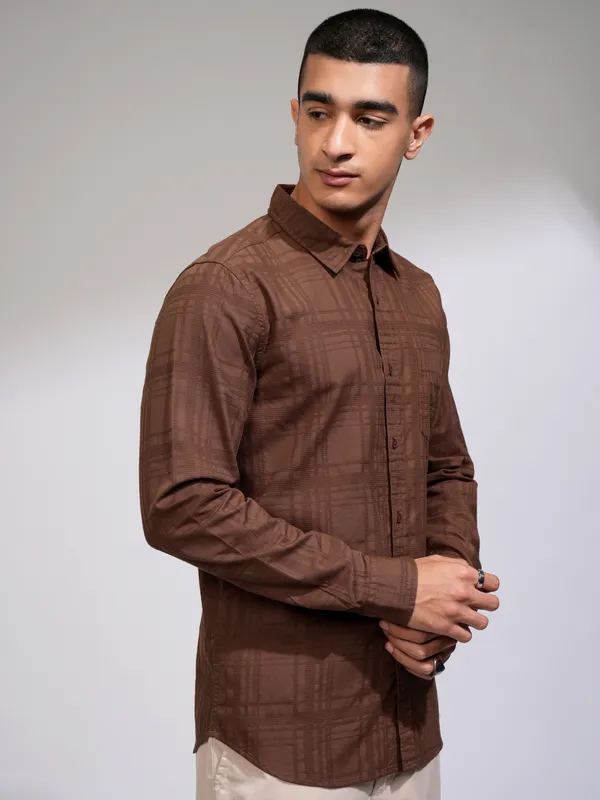 Highlander Men Rust Checked Slim Fit Casual Shirt