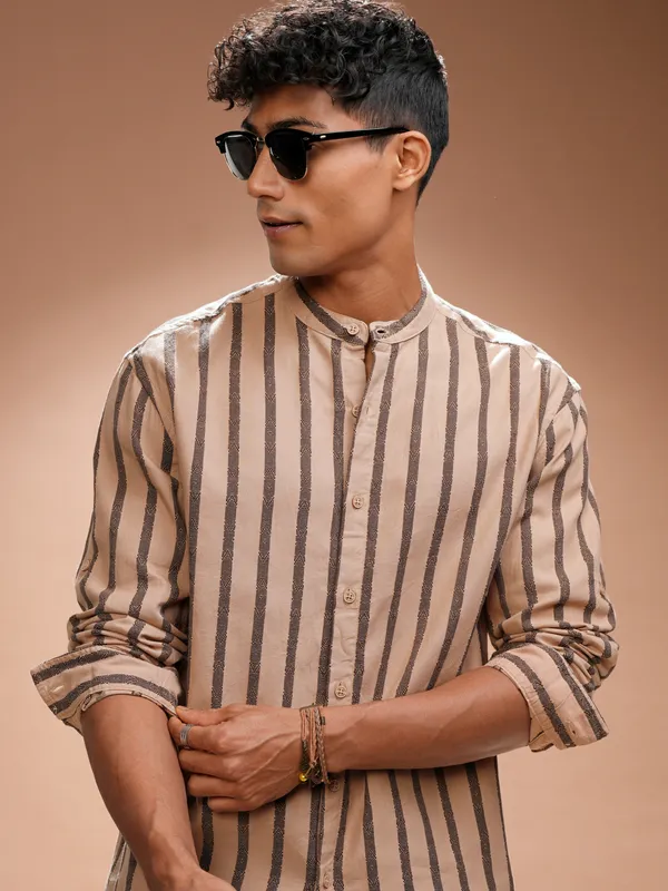 Highlander Men Orange Striped Relaxed Fit Casual Shirt