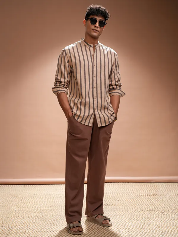 Highlander Men Orange Striped Relaxed Fit Casual Shirt