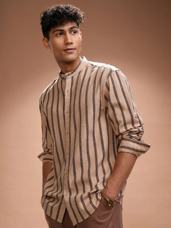 Highlander Men Orange Striped Relaxed Fit Casual Shirt