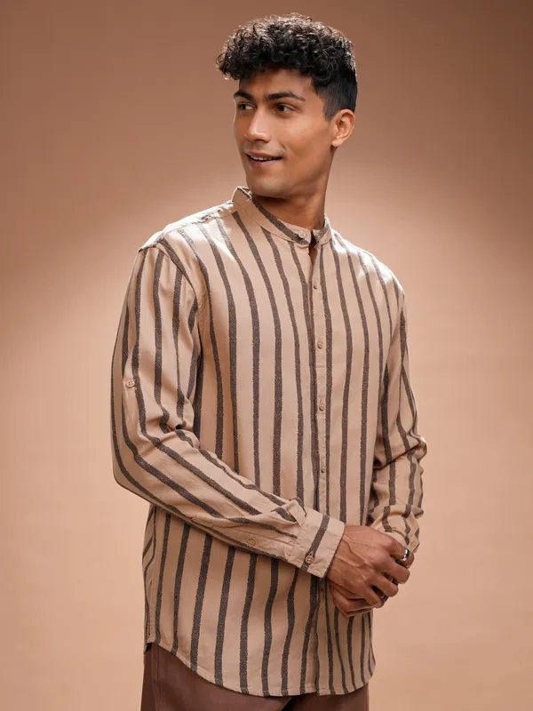 Highlander Men Orange Striped Relaxed Fit Casual Shirt