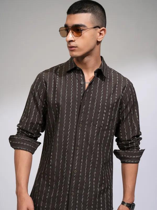 Highlander Men Brown Striped Slim Fit Casual Shirt